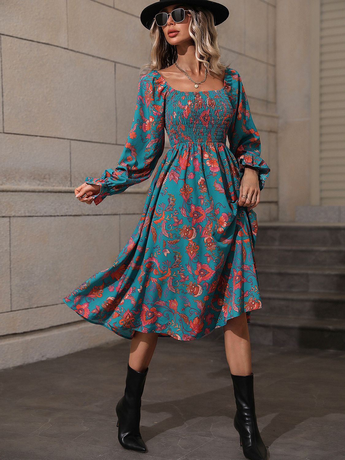 Printed Square Neck Flounce Sleeve Dress - Flyclothing LLC