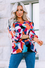 Geometric Flounce Sleeve Blouse - Flyclothing LLC