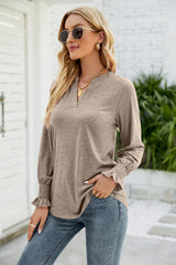 Heathered Flounce Sleeve Curved Hem Top - Trendsi