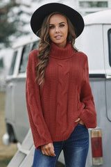 Cable-Knit Turtleneck Dropped Shoulder Sweater - Trendsi