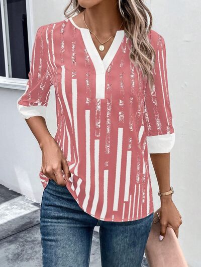 Striped Notched Half Sleeve Blouse - Flyclothing LLC