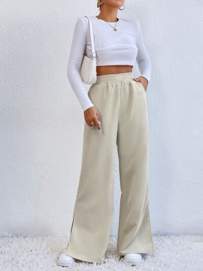 Slit Pocketed High Waist Wide Leg Pants - Flyclothing LLC