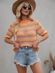 Striped Openwork Half Sleeve Knit Top - Flyclothing LLC