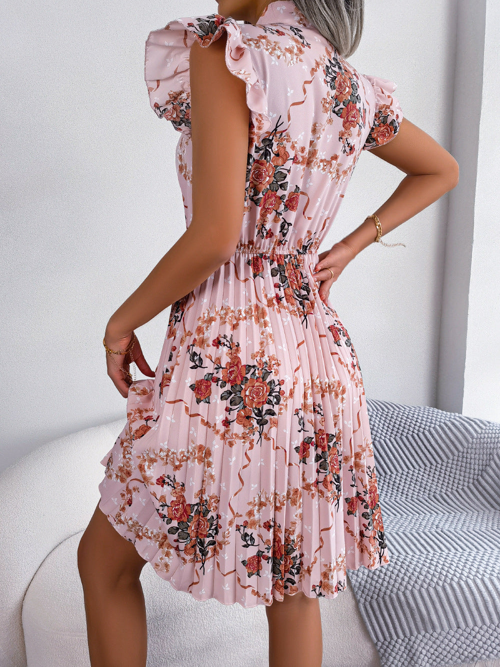 Pleated Floral Printed Tie Neck Knee Length Dress - Flyclothing LLC