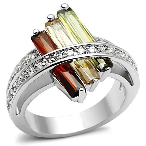 Alamode Rhodium Brass Ring with AAA Grade CZ in Multi Color - Flyclothing LLC