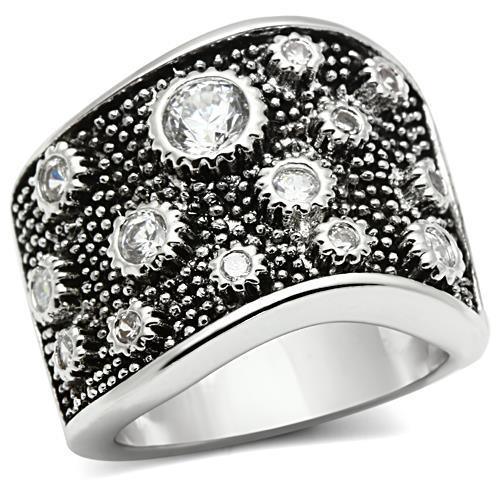 Alamode Rhodium Brass Ring with AAA Grade CZ in Clear - Flyclothing LLC