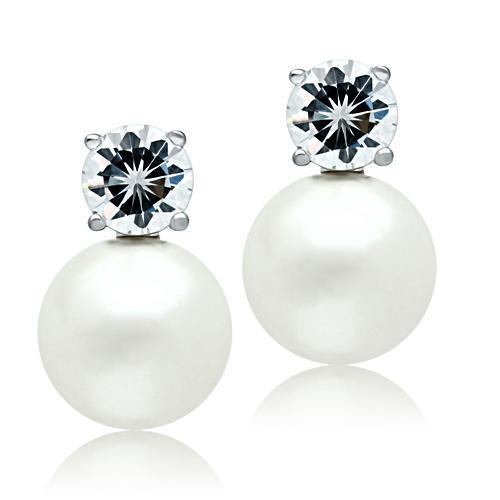 Alamode Rhodium Brass Earrings with Synthetic Pearl in White - Flyclothing LLC