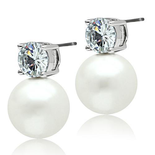 Alamode Rhodium Brass Earrings with Synthetic Pearl in White - Flyclothing LLC