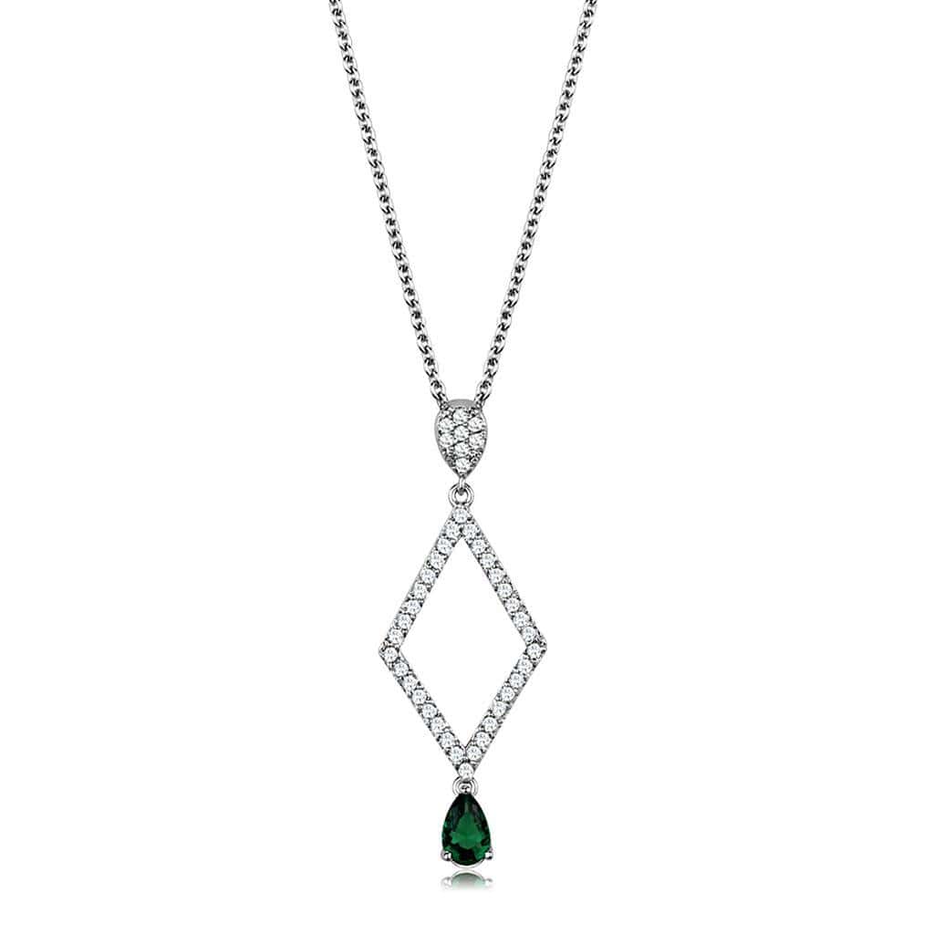 Alamode Rhodium Brass Chain Pendant with Synthetic Synthetic Glass in Emerald - Flyclothing LLC