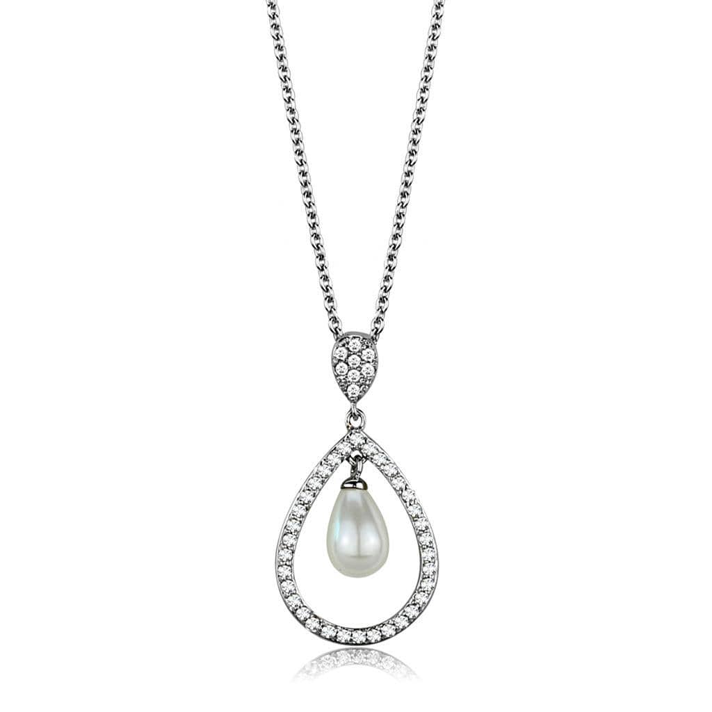 Alamode Rhodium Brass Chain Pendant with Synthetic Pearl in White - Alamode