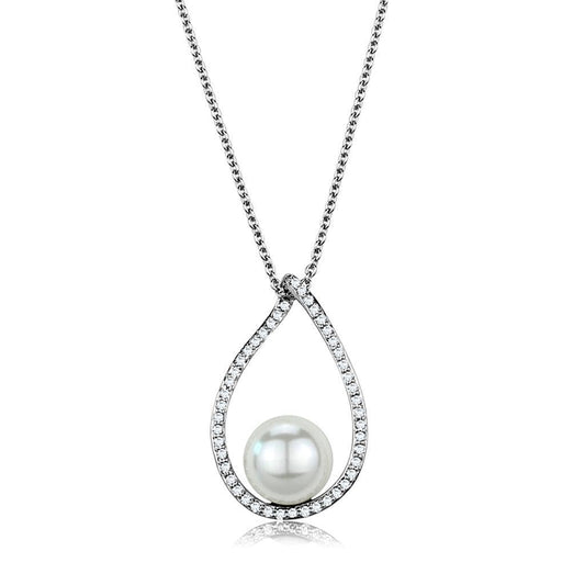 Alamode Rhodium Brass Chain Pendant with Synthetic Pearl in White - Alamode