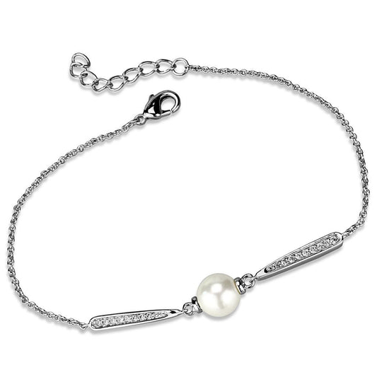 Alamode Rhodium Brass Bracelet with Synthetic Pearl in White - Flyclothing LLC