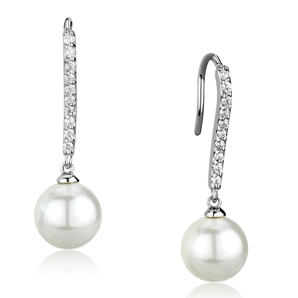 Alamode Rhodium Brass Earrings with Synthetic Pearl in White - Flyclothing LLC