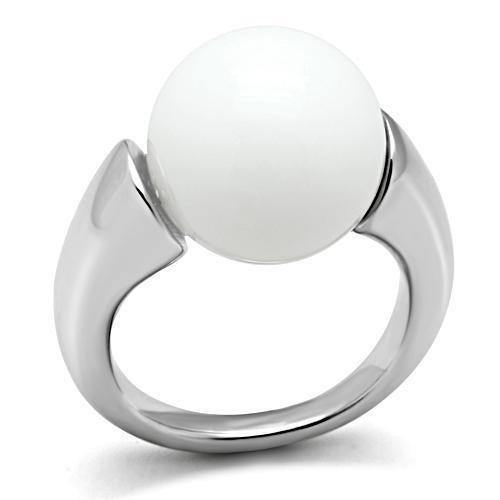 Alamode Rhodium Brass Ring with Synthetic Glass Bead in White - Flyclothing LLC