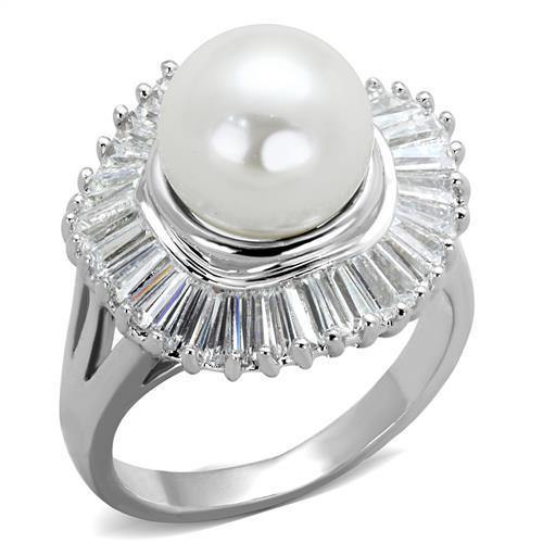 Alamode Rhodium Brass Ring with Synthetic Pearl in White - Alamode