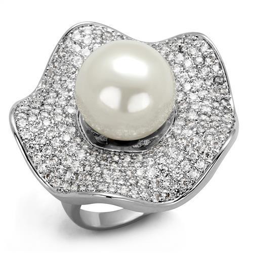 Alamode Rhodium Brass Ring with Synthetic Pearl in White - Alamode