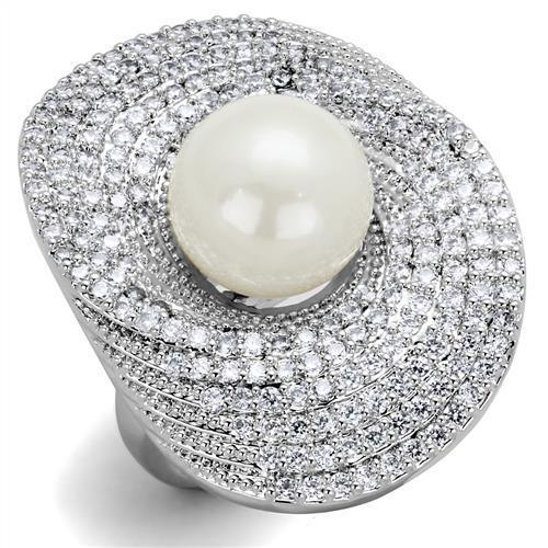 Alamode Rhodium Brass Ring with Synthetic Pearl in White - Alamode