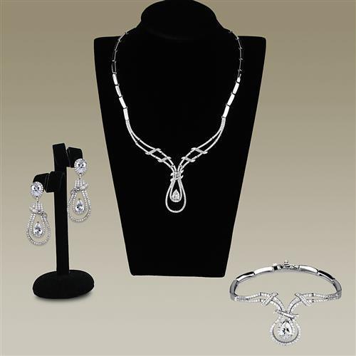 Alamode Rhodium Brass Jewelry Sets with AAA Grade CZ in Clear - Flyclothing LLC