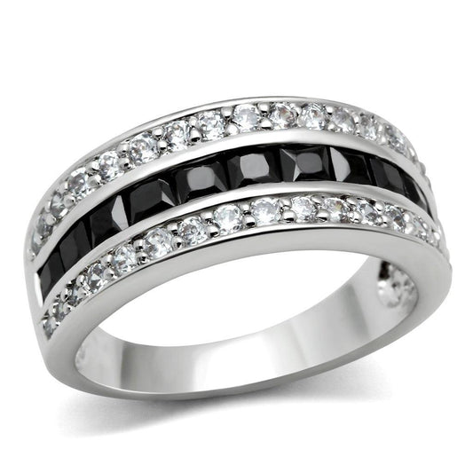 Alamode Rhodium Brass Ring with AAA Grade CZ in Jet - Flyclothing LLC