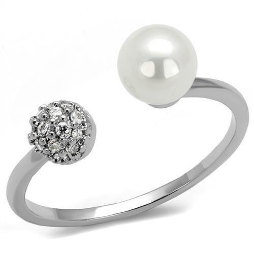 Alamode Rhodium Brass Ring with Synthetic Pearl in White - Alamode