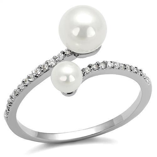 Alamode Rhodium Brass Ring with Synthetic Pearl in White - Alamode