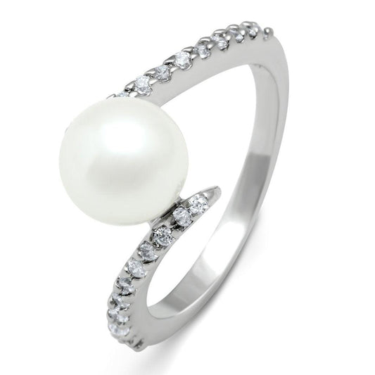 Alamode Rhodium Brass Ring with Synthetic Pearl in White - Alamode