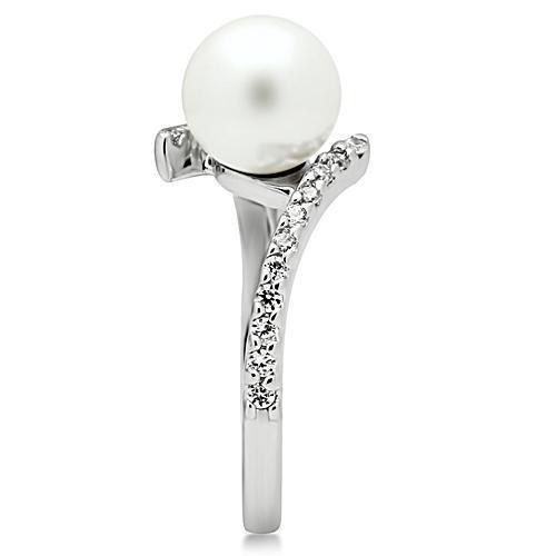 Alamode Rhodium Brass Ring with Synthetic Pearl in White - Flyclothing LLC