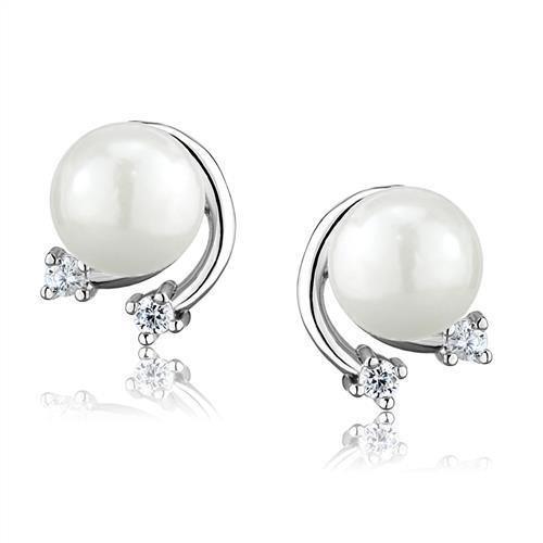 Alamode Rhodium Brass Earrings with Synthetic Pearl in White - Flyclothing LLC