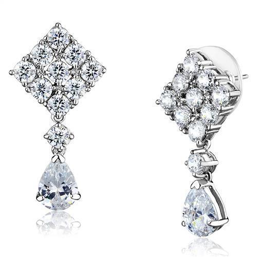 Alamode Rhodium Brass Earrings with AAA Grade CZ in Clear - Flyclothing LLC