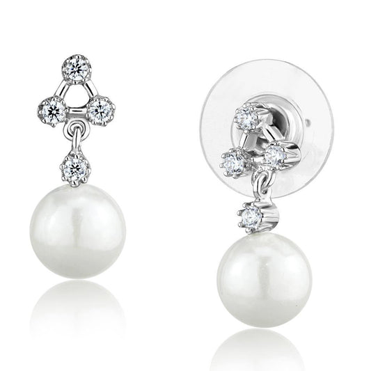 Alamode Rhodium Brass Earrings with Synthetic Pearl in White - Flyclothing LLC