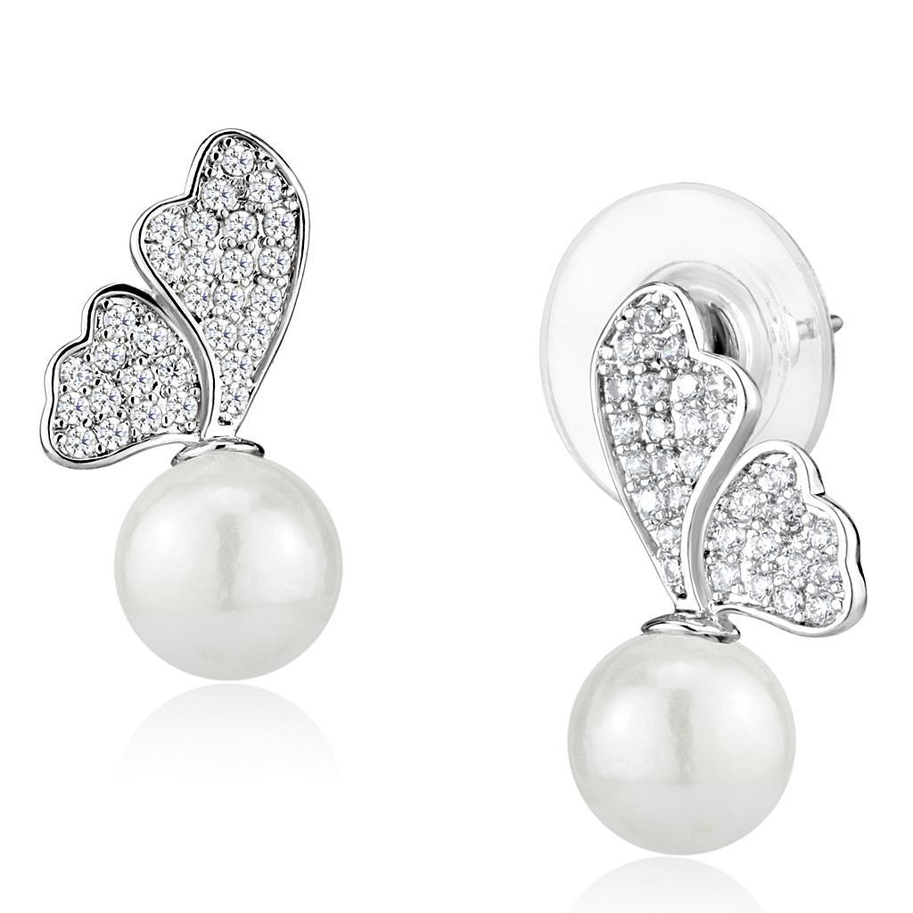 Alamode Rhodium Brass Earrings with Synthetic Pearl in White - Flyclothing LLC