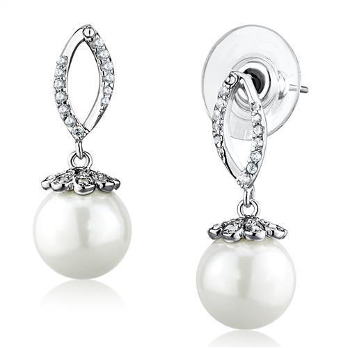 Alamode Rhodium Brass Earrings with Synthetic Pearl in White - Flyclothing LLC