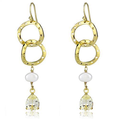 Alamode Gold Brass Earrings with Semi-Precious Pearl in White - Flyclothing LLC