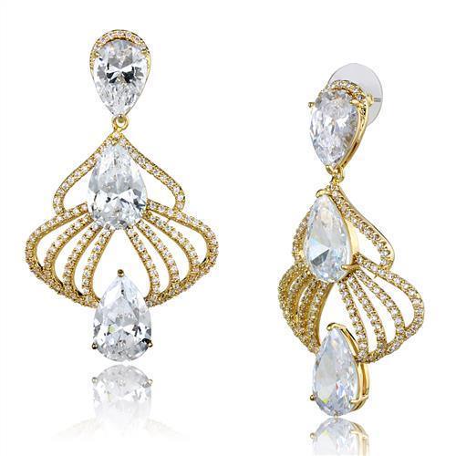 Alamode Gold Brass Earrings with AAA Grade CZ in Clear - Flyclothing LLC