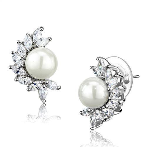 Alamode Rhodium Brass Earrings with Synthetic Pearl in White - Flyclothing LLC