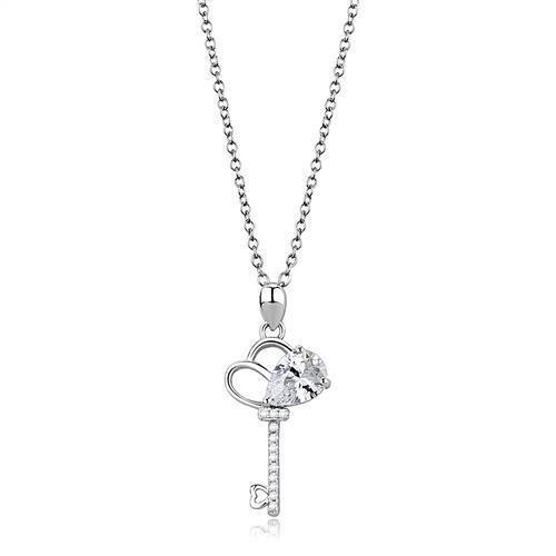 Alamode Rhodium 925 Sterling Silver Chain Pendant with AAA Grade CZ in Clear - Flyclothing LLC