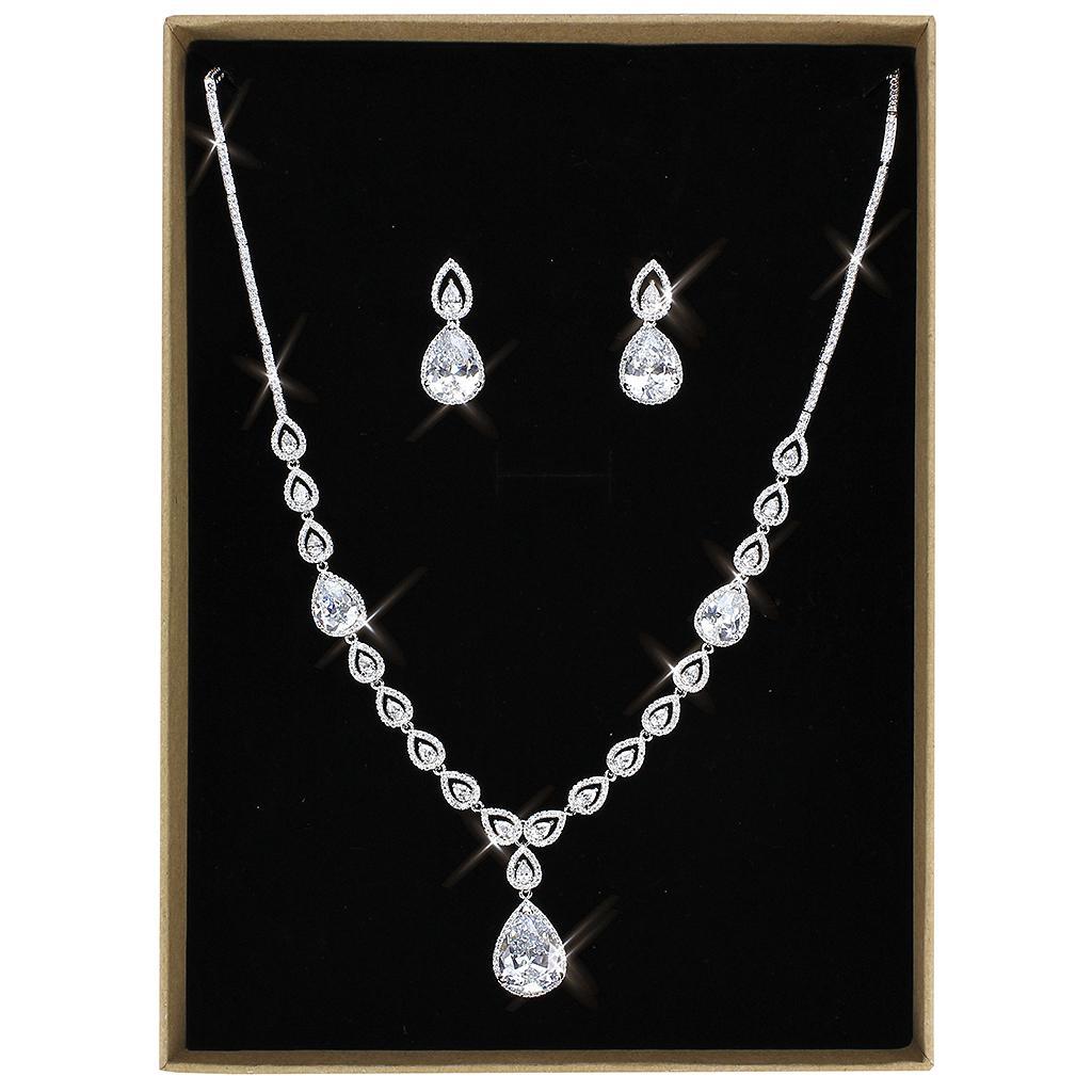 Alamode Rhodium Brass Jewelry Sets with AAA Grade CZ in Clear - Flyclothing LLC