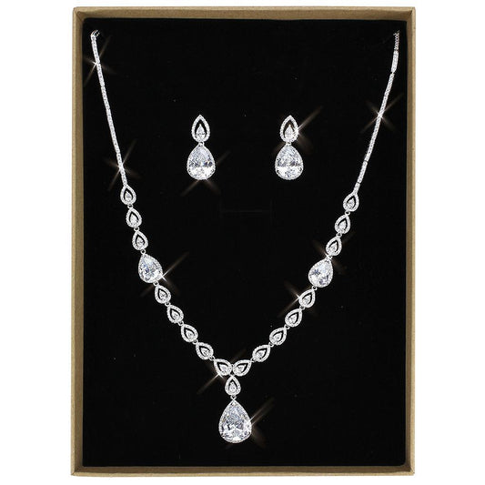 Alamode Rhodium Brass Jewelry Sets with AAA Grade CZ in Clear - Flyclothing LLC