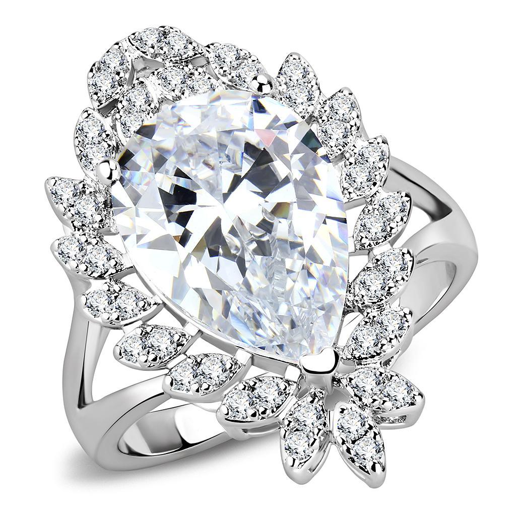 Alamode Rhodium Brass Ring with AAA Grade CZ in Clear - Flyclothing LLC