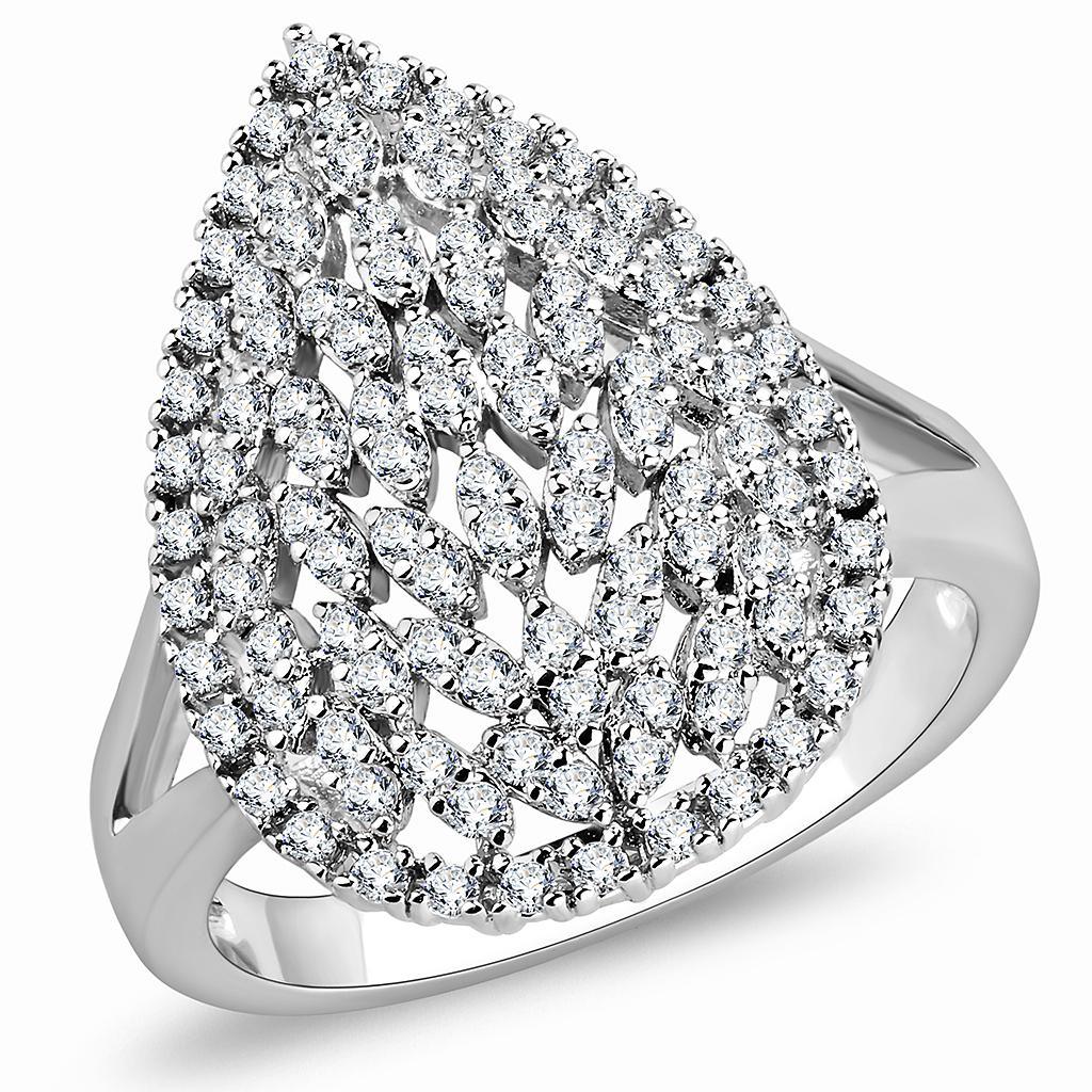 Alamode Rhodium Brass Ring with AAA Grade CZ in Clear - Flyclothing LLC