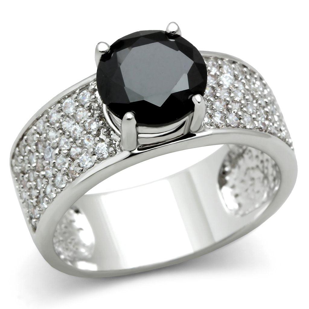 Alamode Rhodium Brass Ring with AAA Grade CZ in Jet - Flyclothing LLC