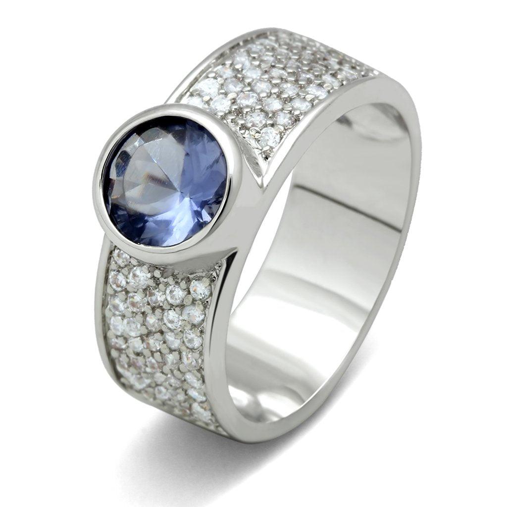 Alamode Rhodium Brass Ring with Synthetic Synthetic Glass in Light Sapphire - Alamode