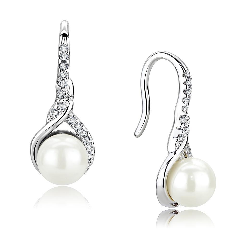 Alamode Rhodium Brass Earrings with Synthetic Pearl in White - Flyclothing LLC