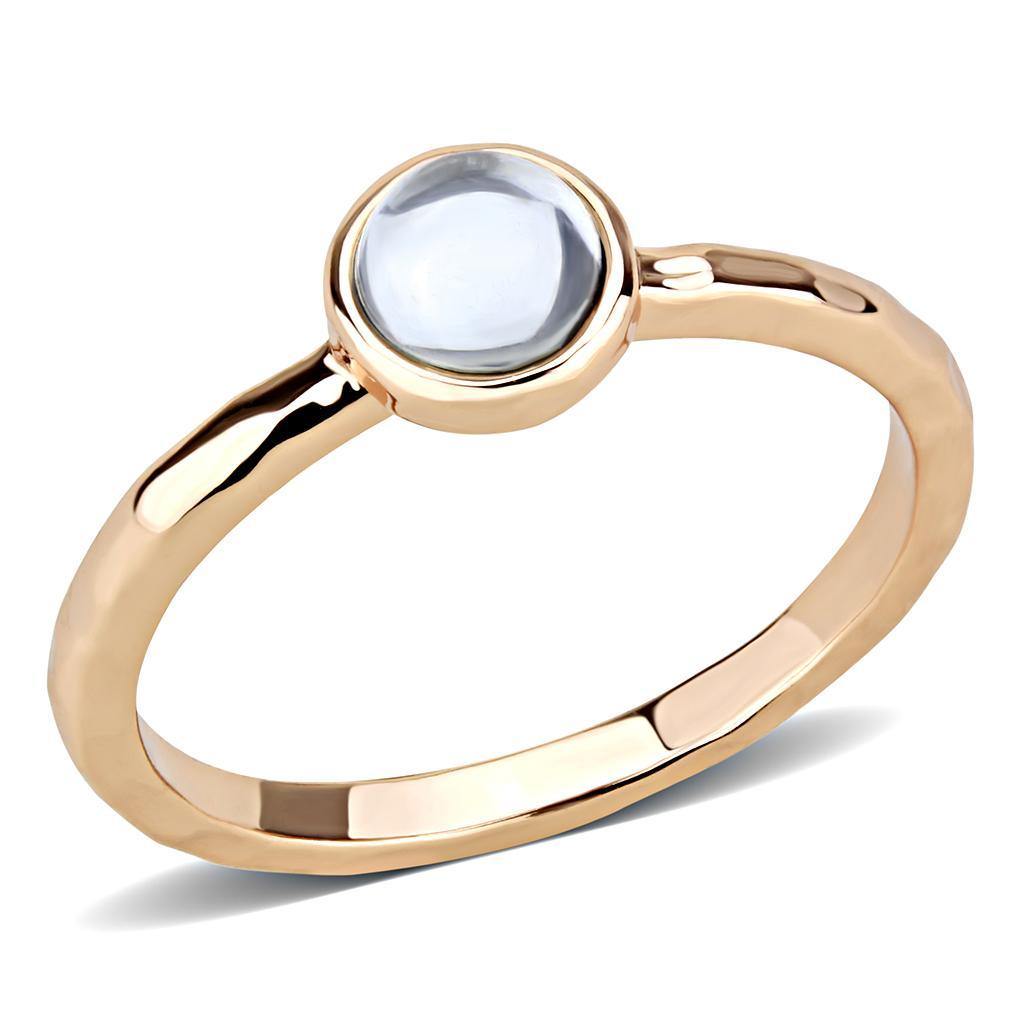 Alamode Rose Gold Brass Ring with Synthetic Synthetic Glass in Aquamarine - Alamode