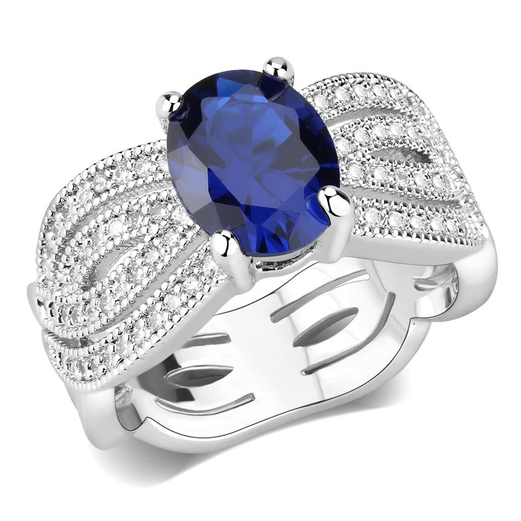 Alamode Rhodium Brass Ring with Synthetic Spinel in London Blue - Flyclothing LLC