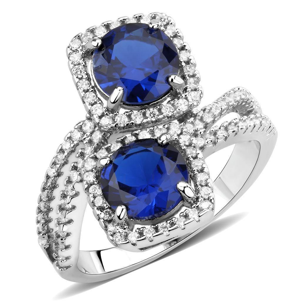 Alamode Rhodium Brass Ring with AAA Grade CZ in London Blue - Flyclothing LLC