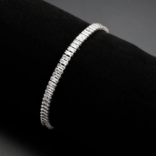 Alamode Rhodium Brass Bracelet with AAA Grade CZ in Clear - Flyclothing LLC