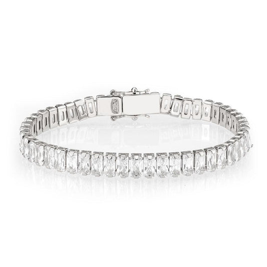 Alamode Rhodium Brass Bracelet with AAA Grade CZ in Clear - Flyclothing LLC