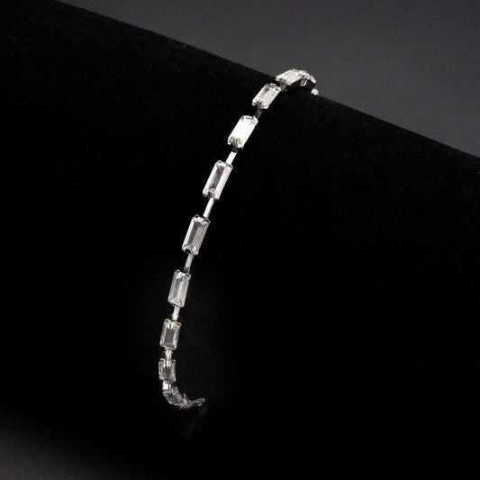 Alamode Rhodium Brass Bracelet with AAA Grade CZ in Clear - Flyclothing LLC