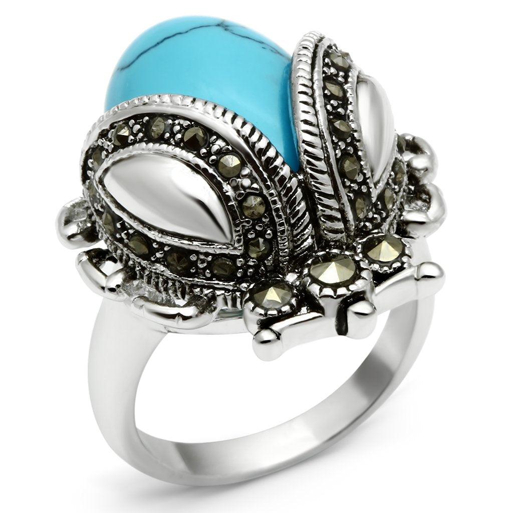 Alamode Rhodium Brass Ring with Synthetic Turquoise in Sea Blue - Alamode